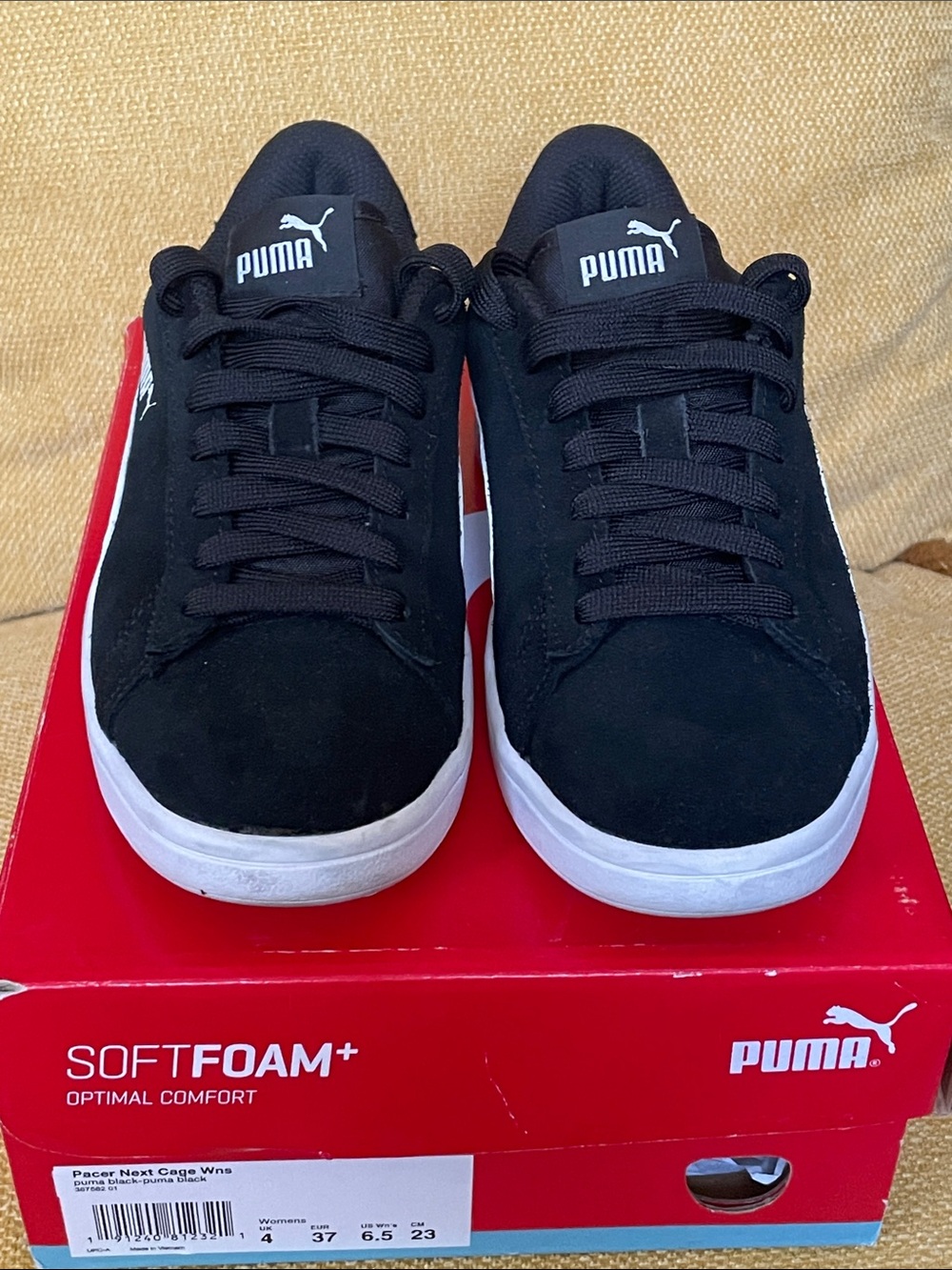 Puma Black Suede Sneakers with White Sole and Red Box Accent